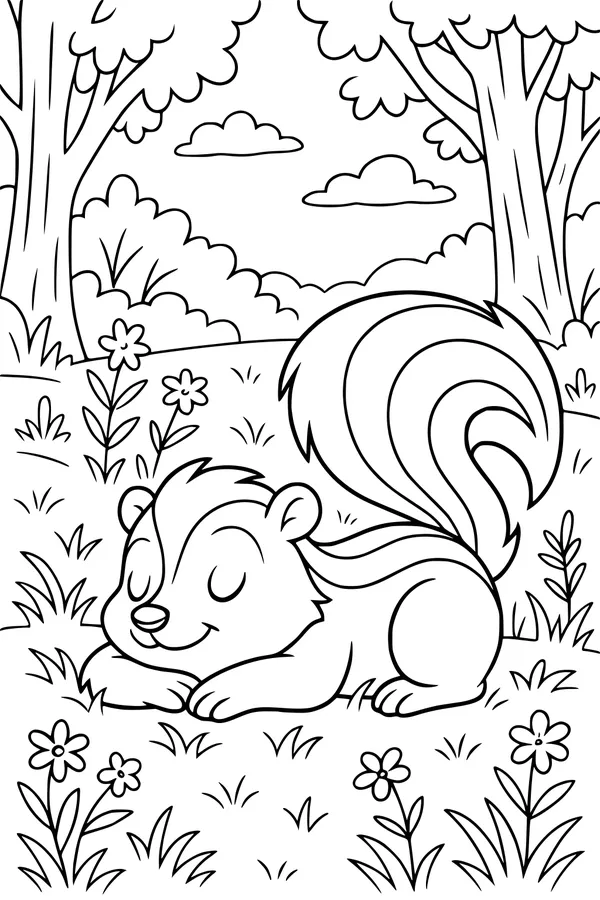 Free Skunk Coloring Page - Sleepy Skunk in Sunny Meadow (Printable PDF)