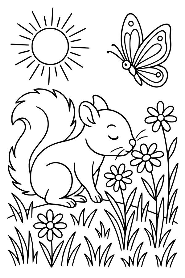 Free Squirrel Coloring Page - Sunny Meadow with Butterfly (Printable PDF)