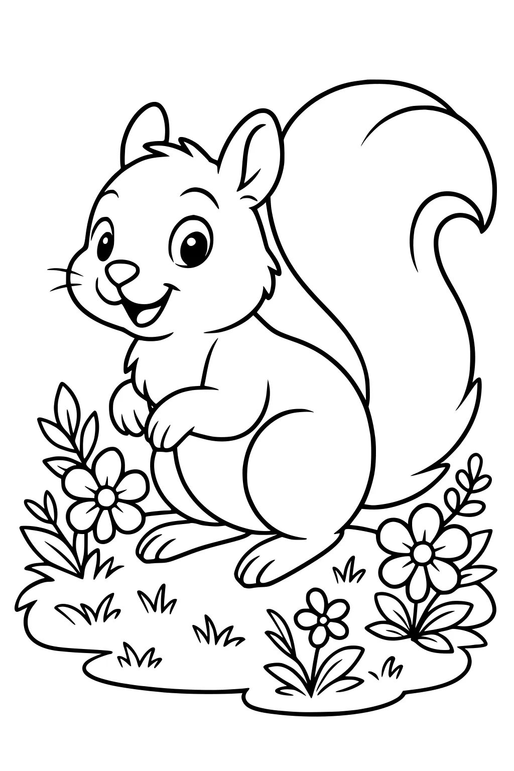 Smiling squirrel with fluffy tail sits in grass surrounded by large flowers and leaves.