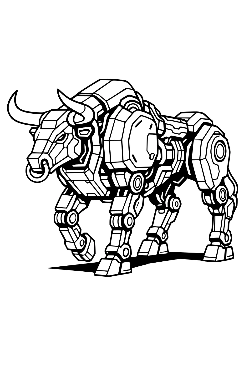 Robotic bull with horns, nose ring, plated armor, and four jointed legs, walking left with bold outlines and a ground shadow.