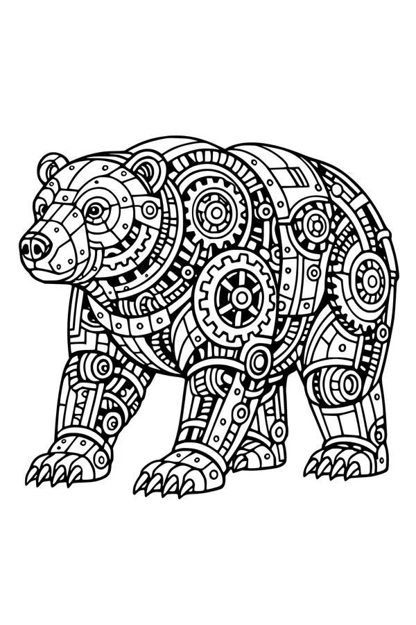 Free Polar Bear Coloring Page - Steampunk Mechanical Gears Design (Printable PDF)