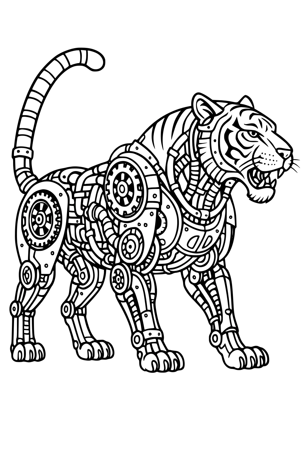 Tiger with robotic body, visible gears, tubes, and armor, walking and showing striped face and mechanical details.