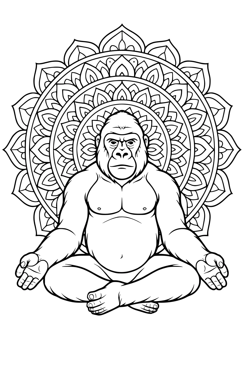 Gorilla sitting cross-legged with open hands and a big mandala design behind him.