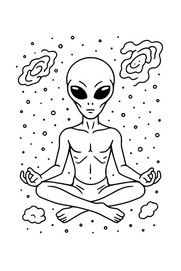Free Alien Coloring Page - Meditating Visitor in Space (Printable PDF)