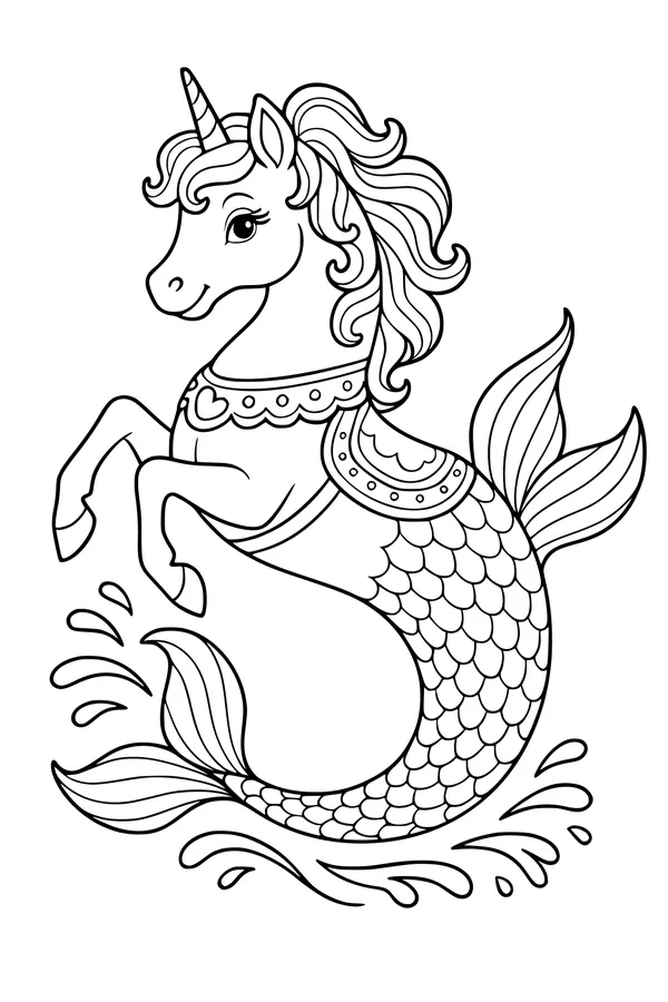Free Mermaid Unicorn Coloring Page - Rearing Sea Siren With Splashing Tail (Printable PDF)