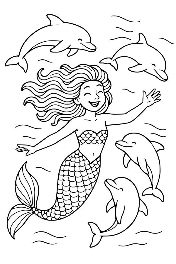 Free Mermaid Coloring Page - Dancing With Dolphin Friends (Printable PDF)