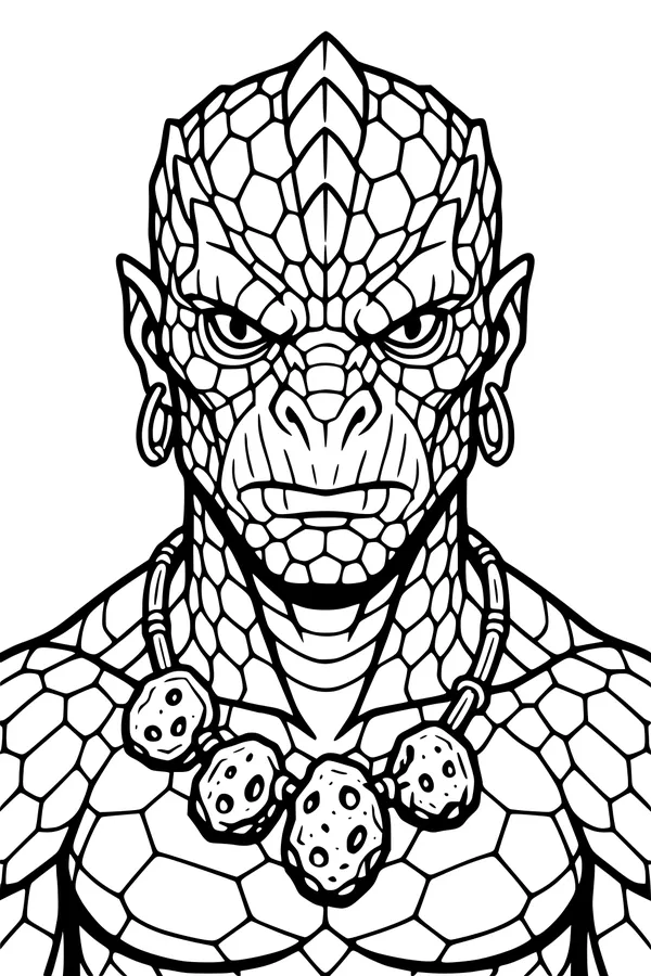 Free Alien Boy Coloring Page - Reptilian Portrait With Meteor Necklace (Printable PDF)