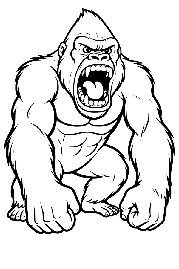Free Gorilla Coloring Page - Fierce Roaring Ape in Jungle (Printable PDF)