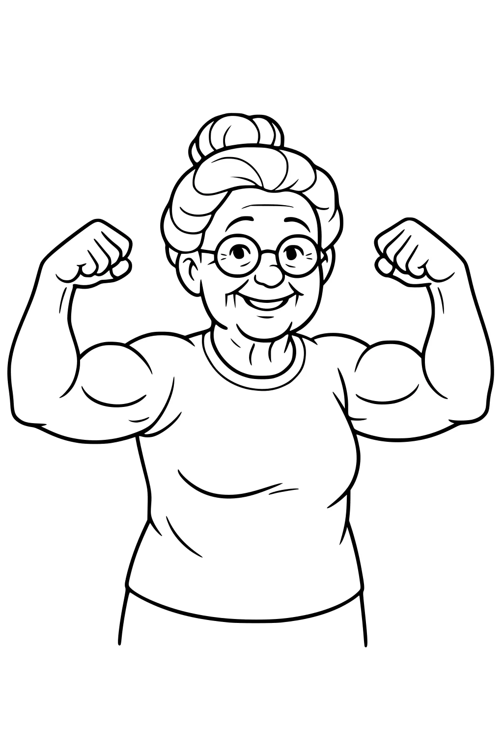 Smiling elderly grandma with glasses and a bun flexes both arms in a tee, strong muscles, bold outlines, blank background.