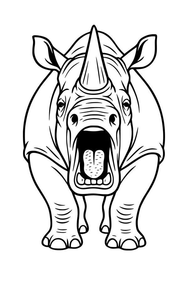 Free Rhinoceros Coloring Page - Roaring Rhino From the Front (Printable PDF)