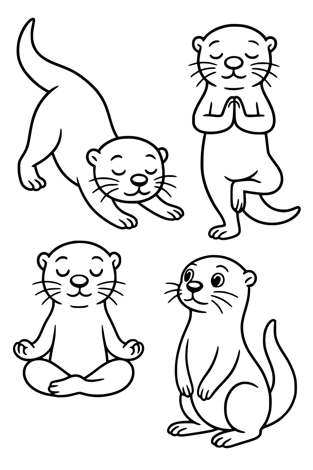 Four cartoon otters in different yoga and sitting poses with closed eyes and peaceful expressions.