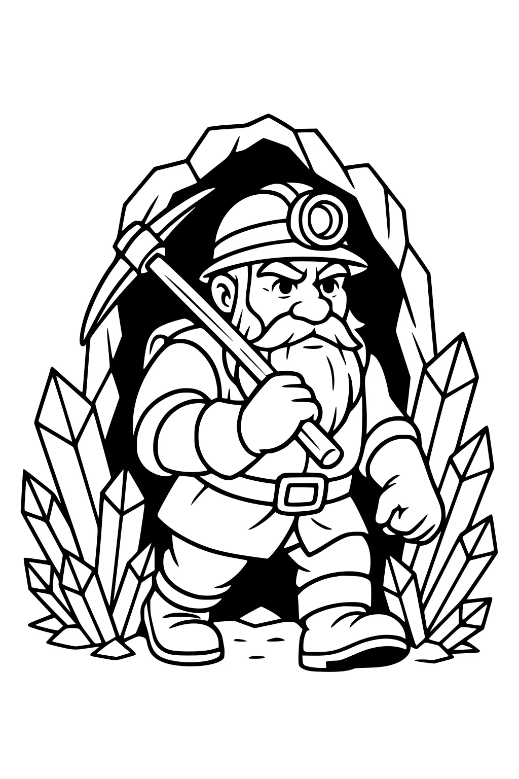 Bearded dwarf miner with headlamp and pickaxe walks from cave, surrounded by tall crystal clusters and an arch, line art.