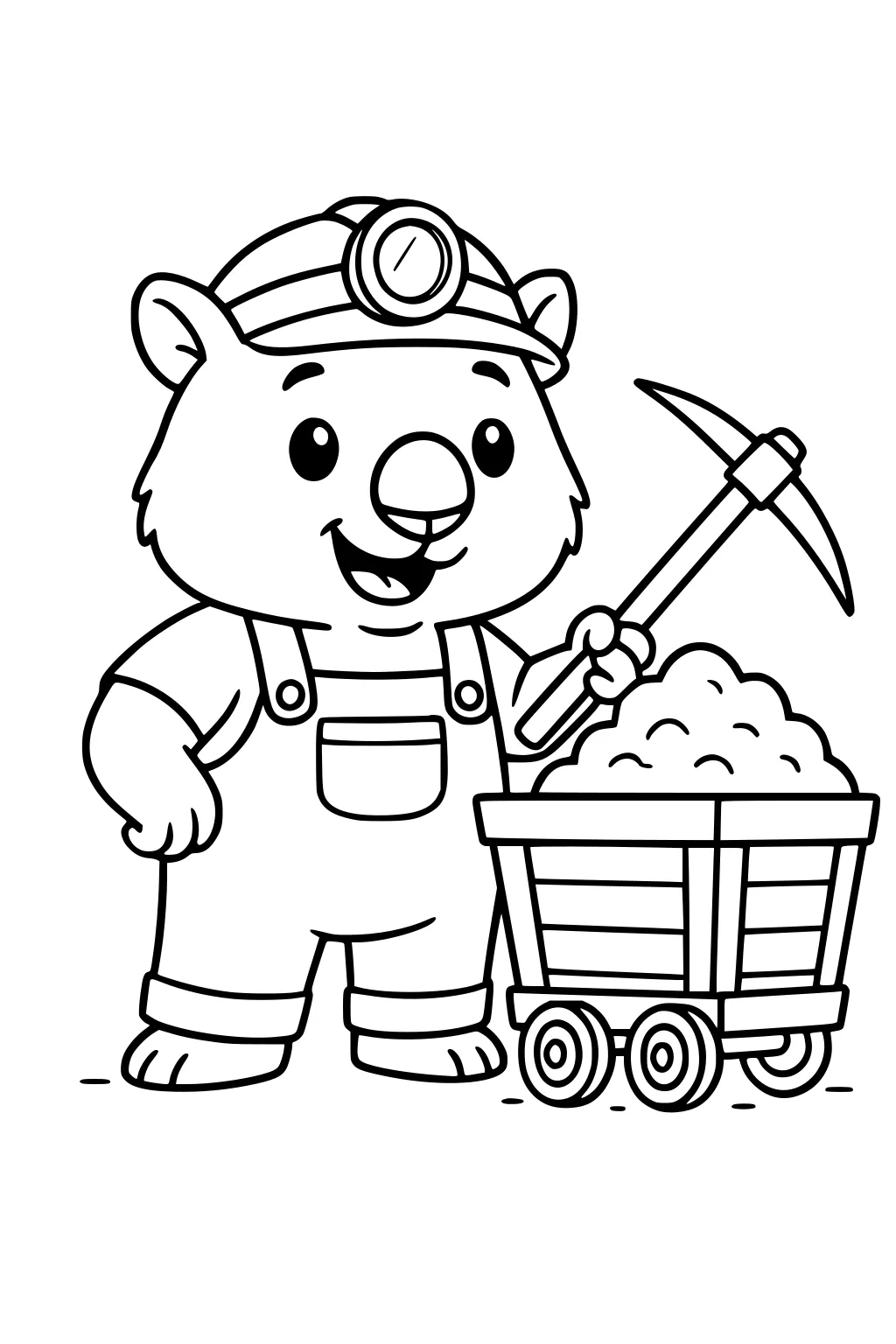 Smiling cartoon wombat in overalls and headlamp holds a pickaxe beside a wooden mine cart piled with rocks on small wheels.
