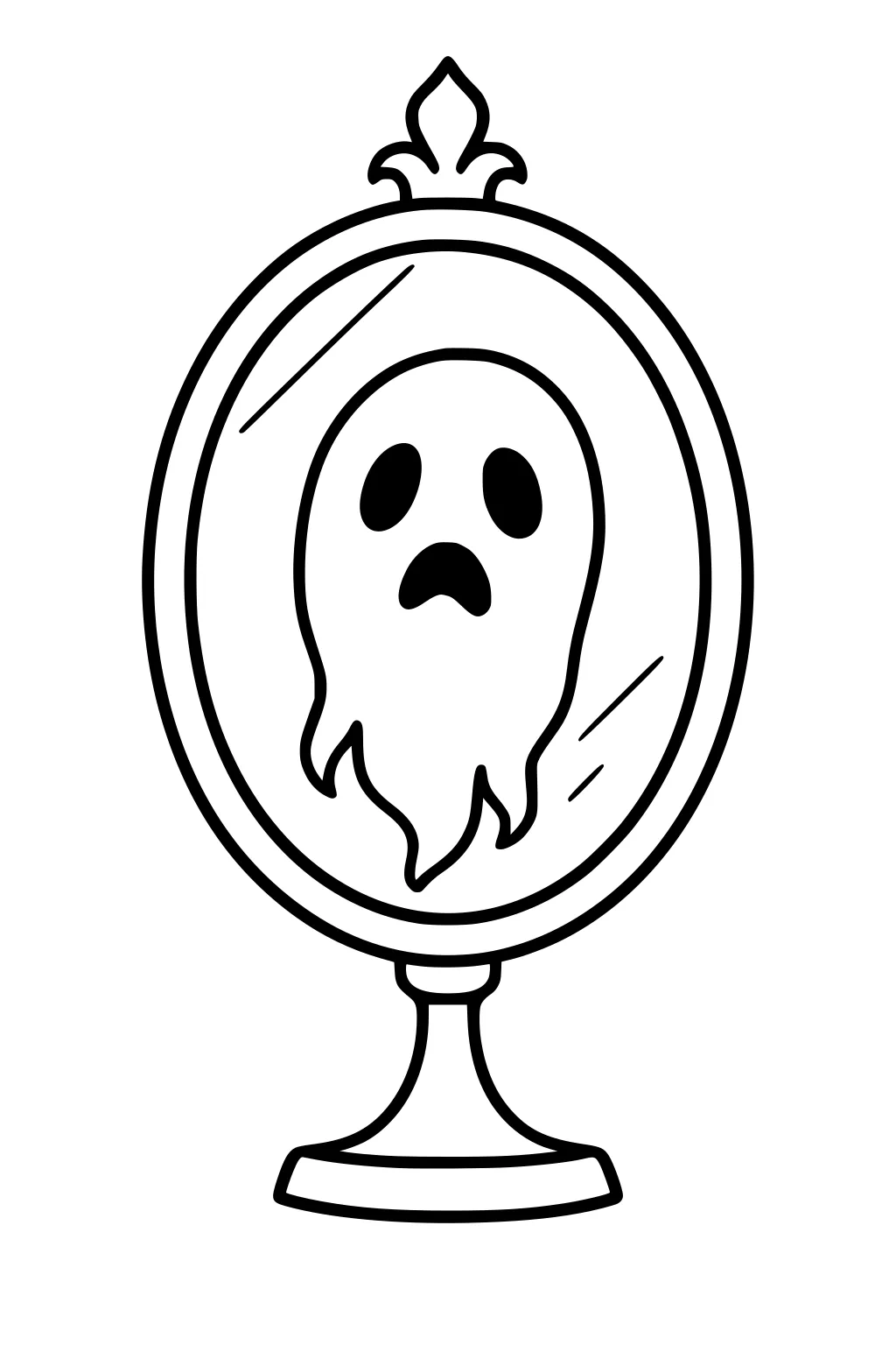 Oval mirror on a stand showing a small ghost, oval eyes and open mouth, simple Halloween line art with two shine marks.