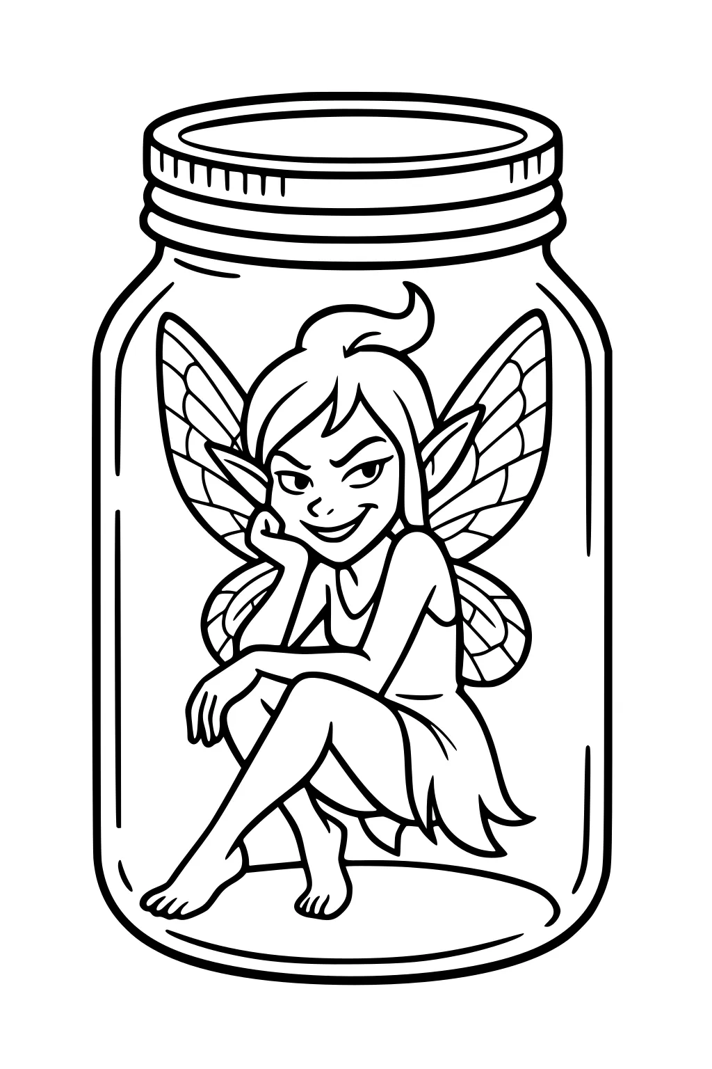 Fairy girl in a mason jar, wings folded, chin on hand, crossed legs, pointed ears, short dress, screw-top lid and smooth glass.