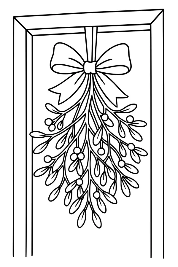 Free Mistletoe Coloring Page - Festive Doorway With Big Bow (Printable PDF)