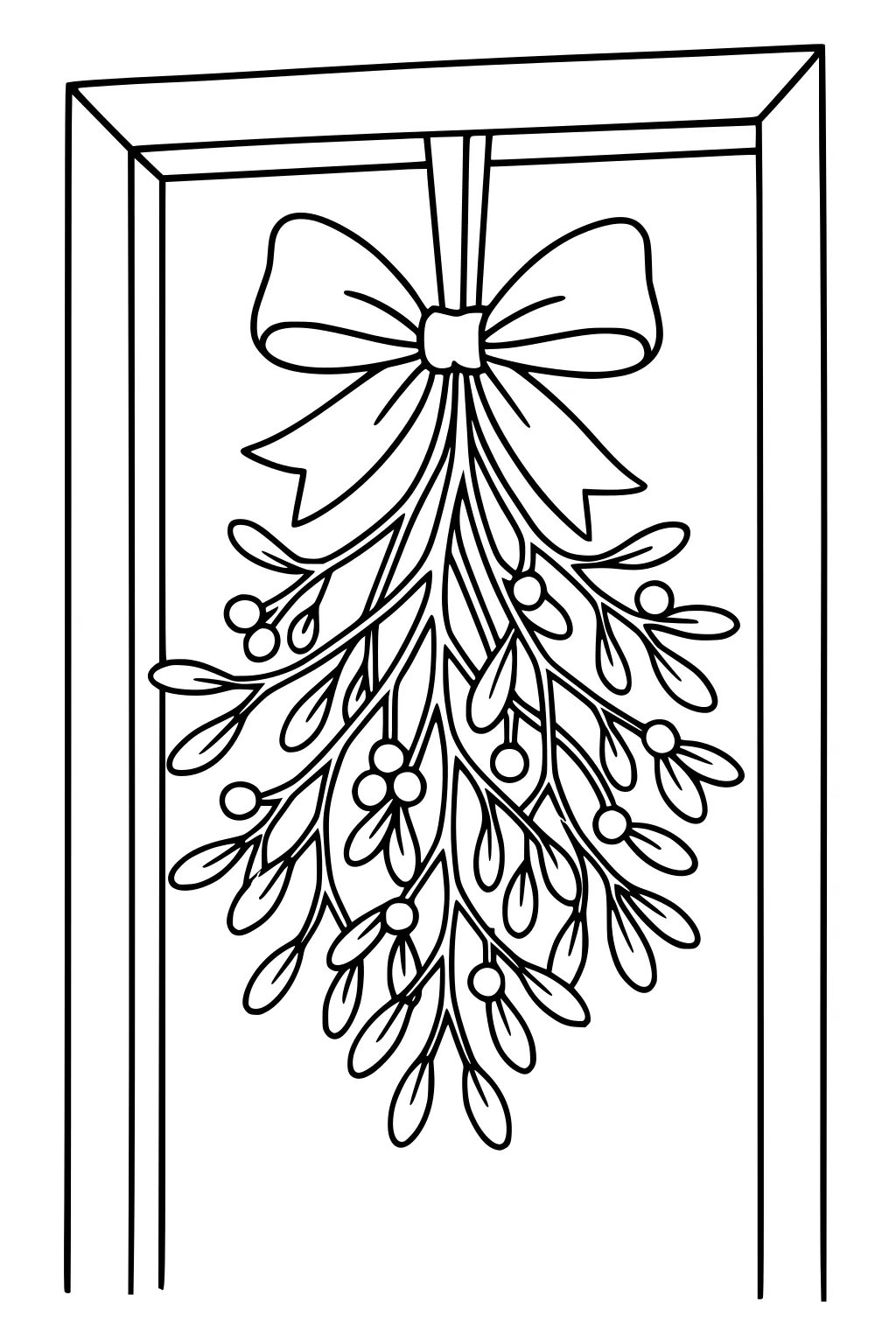Mistletoe bunch with a large bow hanging in a door frame, with many leaves and round berries outlined for coloring.