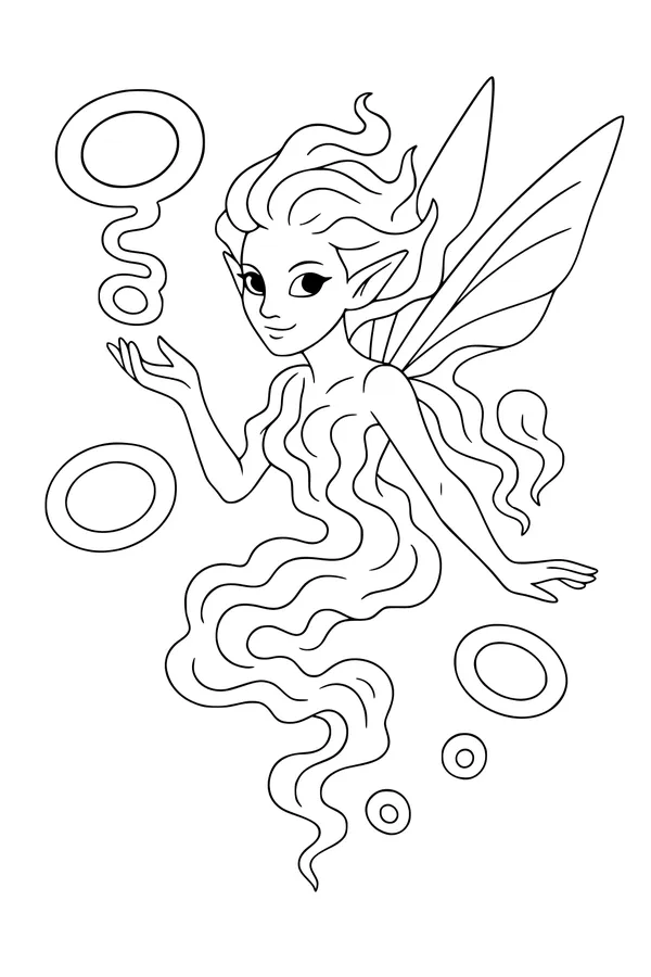 Free Fairy Coloring Page - Misty Elf Girl With Bubble Rings (Printable PDF)