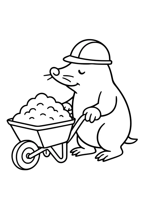 Free Mole Coloring Page - Construction Worker With Wheelbarrow (Printable PDF)