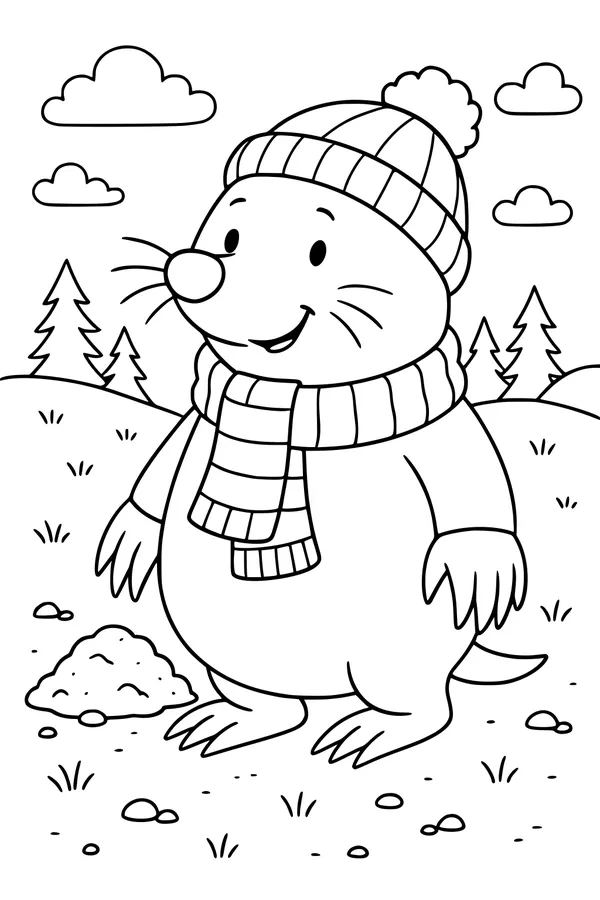 Free Mole Coloring Page - Cozy Winter Outfit in the Forest (Printable PDF)