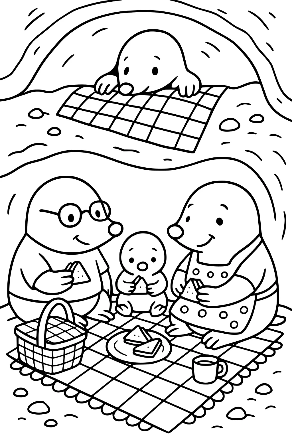 Mole family picnic in a tunnel with sandwiches, a checkered blanket, picnic basket, and a fourth mole peeking in.