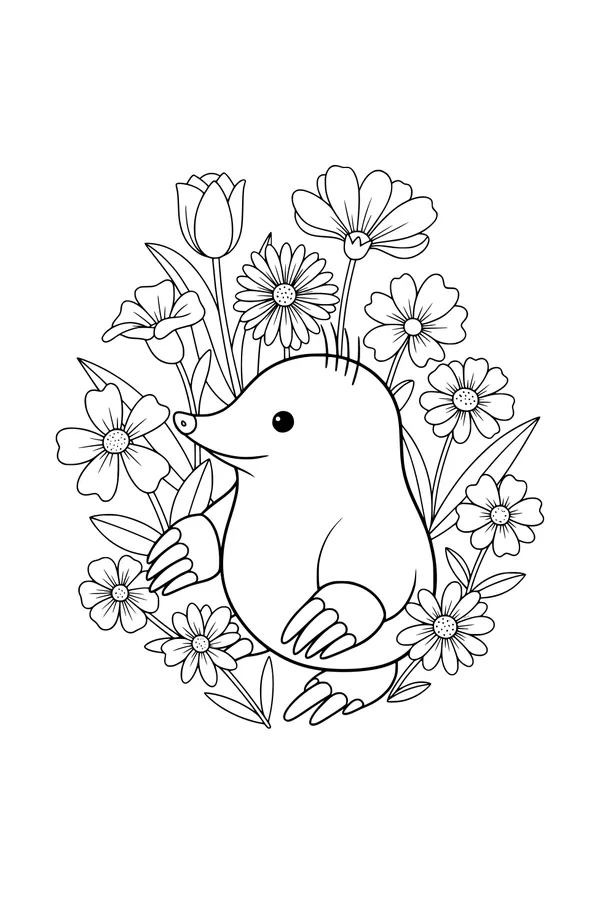 Free Mole Coloring Page - Cute Mole in Wildflower Garden (Printable PDF)