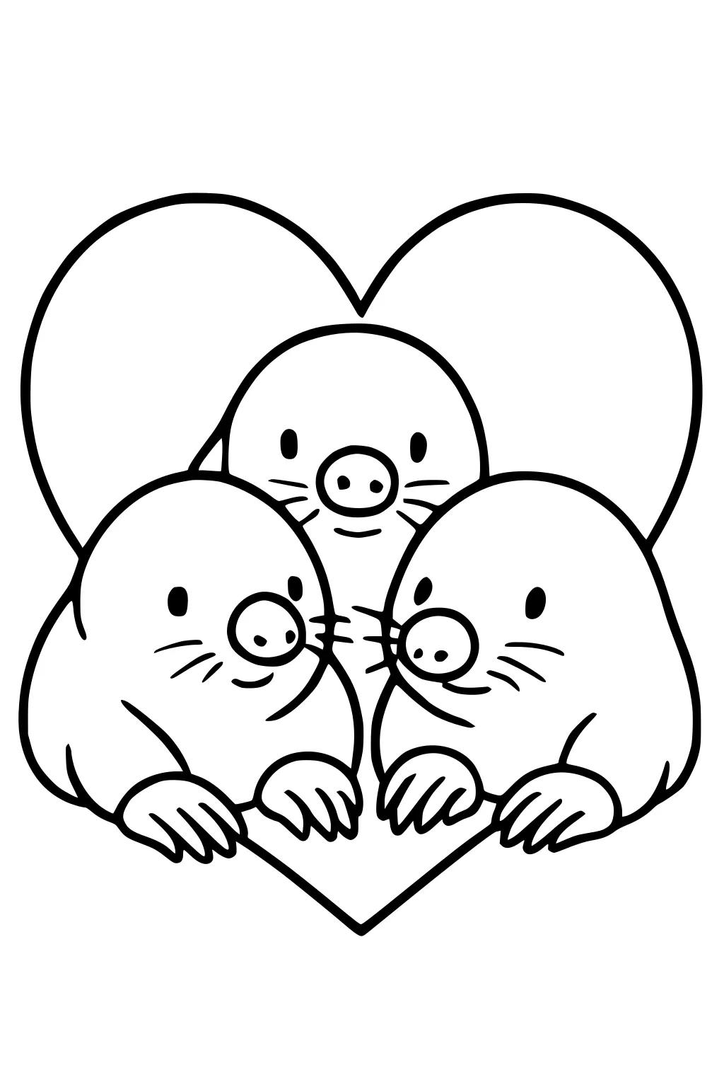 Three cartoon moles sitting together in front of a large outlined heart shape, each with round noses and whiskers.