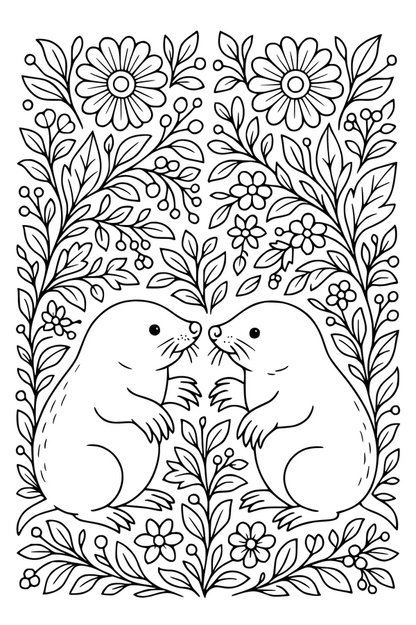 Free Mole Coloring Page - Friends in a Flower Garden (Printable PDF)