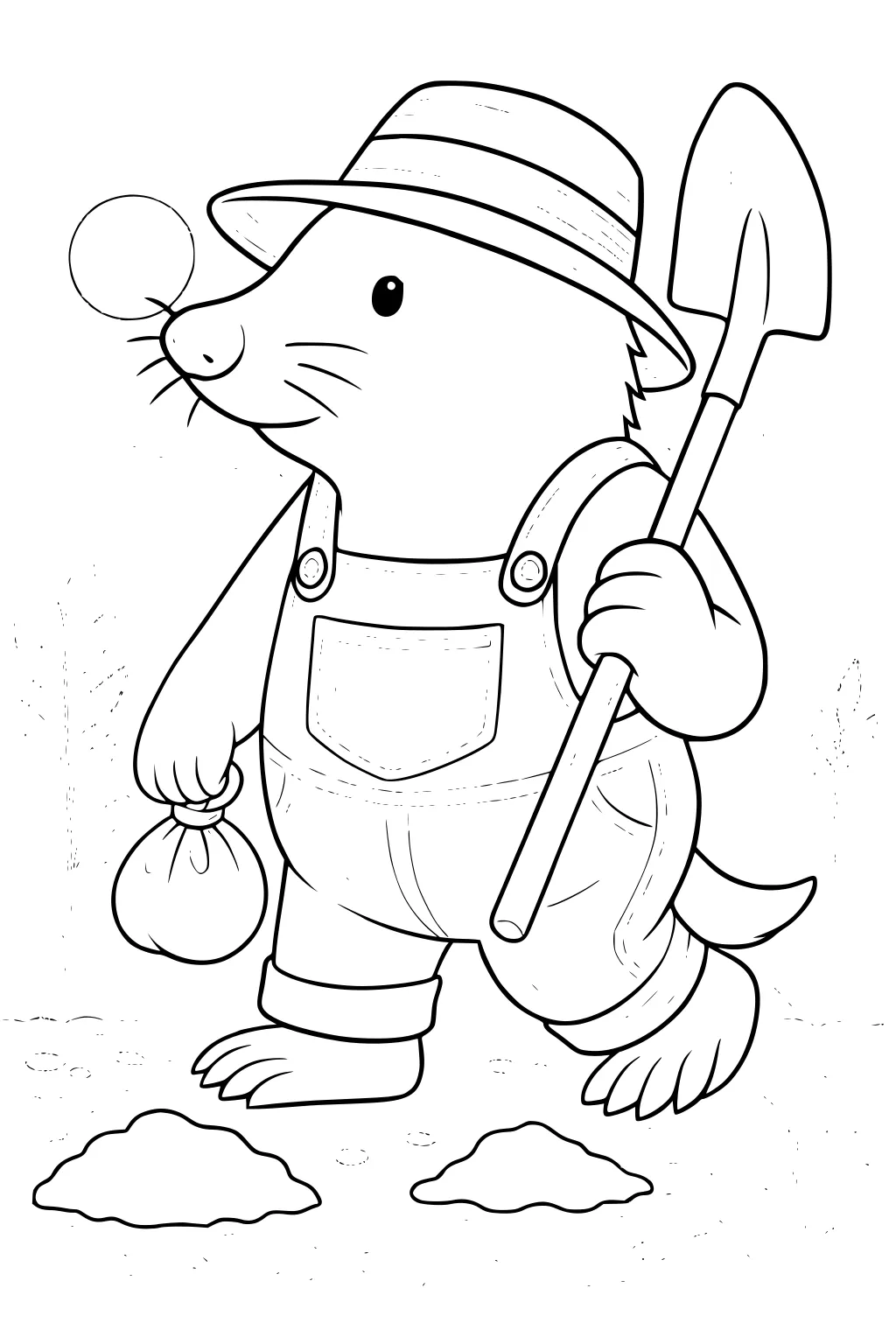 Mole in overalls and sun hat holding a shovel and small bag, walking near dirt mounds in a grassy garden.