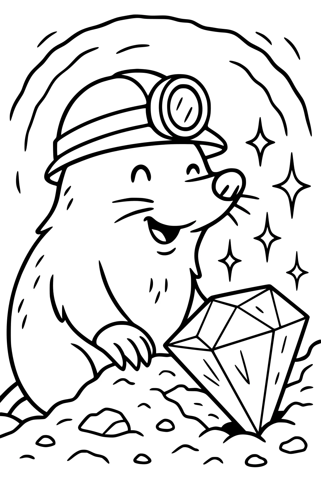 Mole with miner's helmet smiles at big gemstone in tunnel with scattered rocks and sparkles.