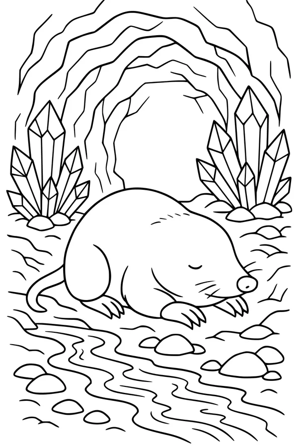 Free Mole Coloring Page - Sleeping in a Crystal Cave (Printable PDF)