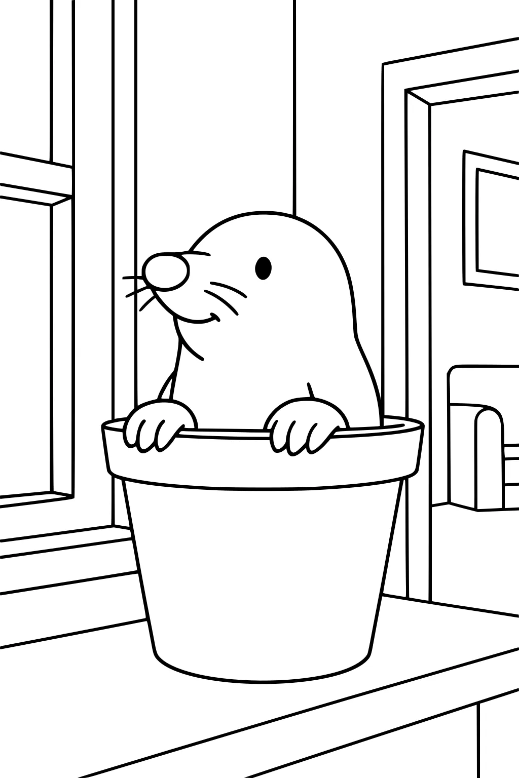 A cartoon mole with whiskers peeks from a large flowerpot on a table inside a room with a window and furniture.