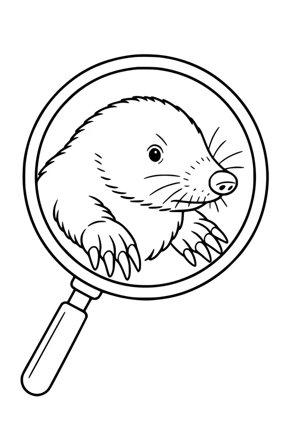 Free Mole Coloring Page - Close-Up Under a Magnifying Glass (Printable PDF)