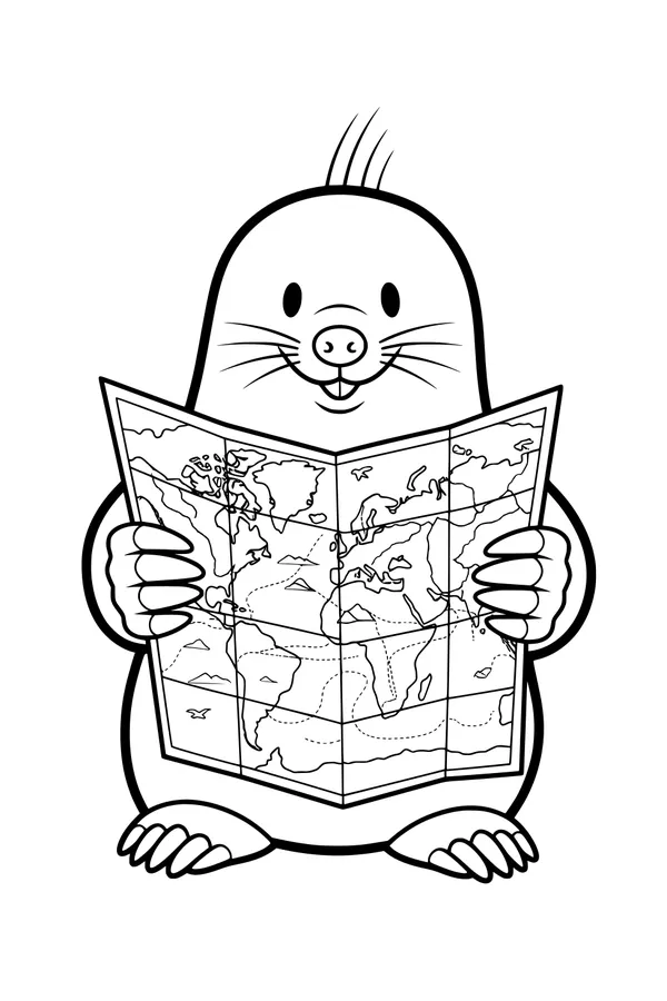 Free Mole Coloring Page - Cute Explorer With World Map (Printable PDF)