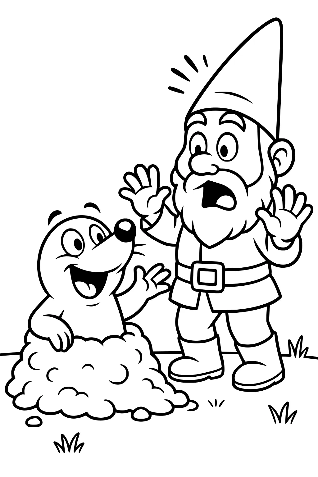 A happy mole waving from a dirt mound next to a surprised garden gnome with his hands up, standing on grass.