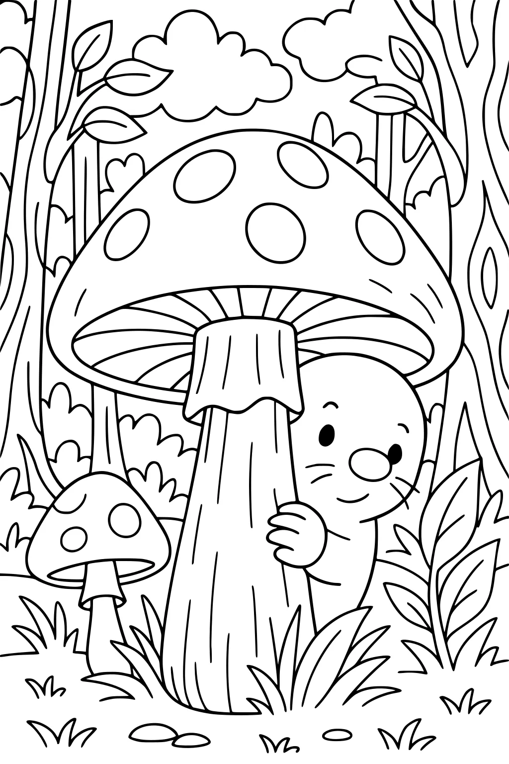 Mole peeks behind large spotted mushroom in forest with trees, two mushrooms, grass, and leafy plants.