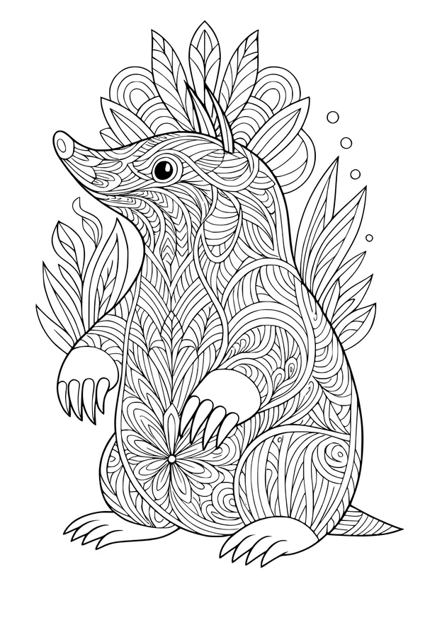 Free Mole Coloring Page - Swirly Patterned Mole in Nature (Printable PDF)