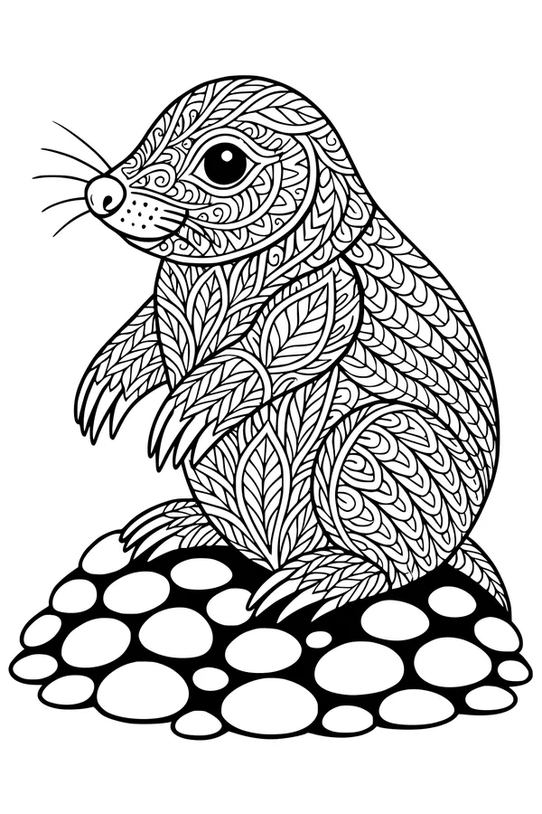 Free Mole Coloring Page - Patterned Mole on Pebble Hill (Printable PDF)