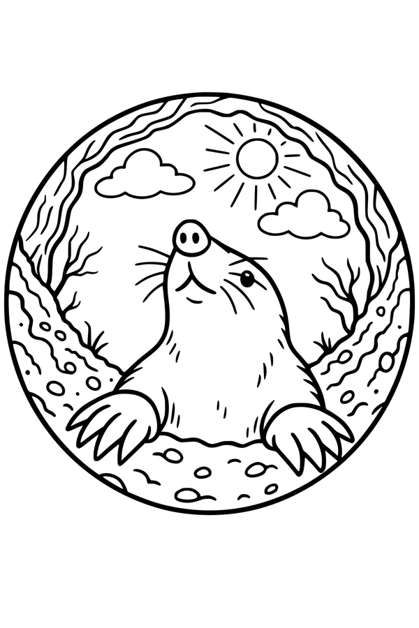 Free Mole Coloring Page - Sunny Tunnel Peek With Big Paws (Printable PDF)