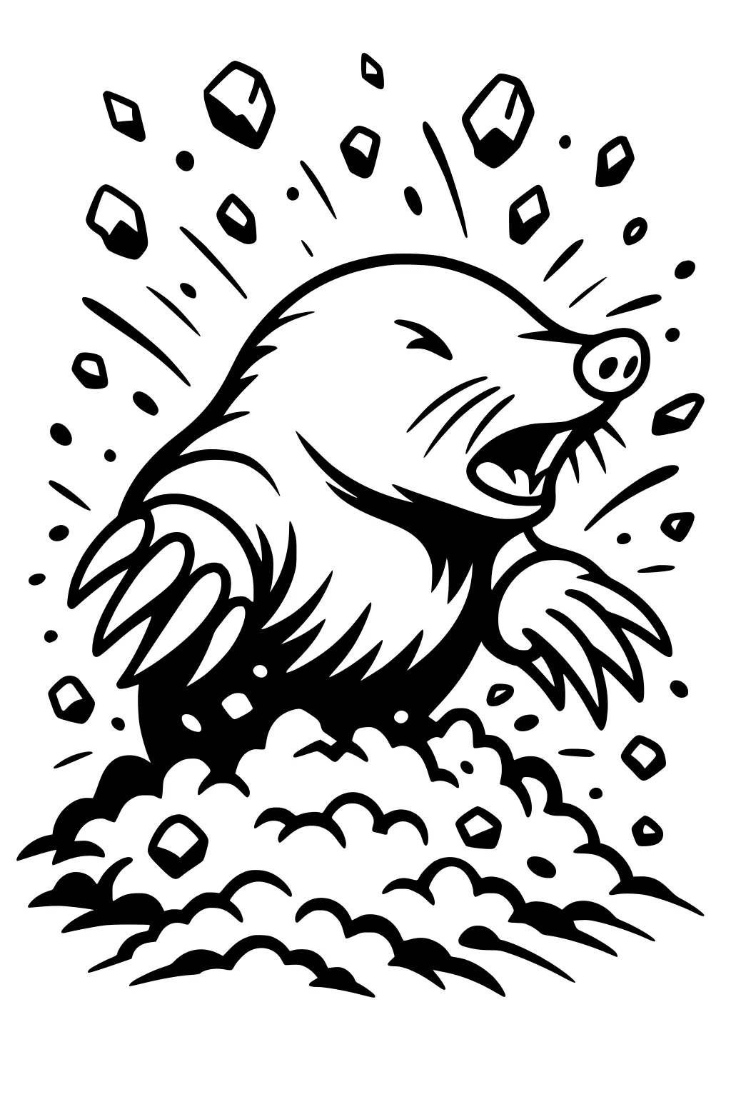 Mole with big paws bursting up through soil and rocks, dirt spraying outward.