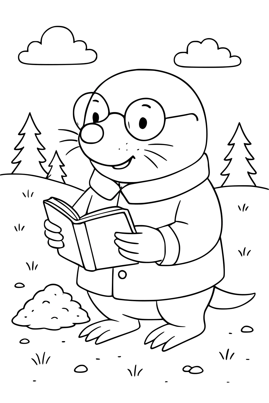 Mole with glasses and coat holding a book on grass, with trees, molehill, clouds, and rocks in background.