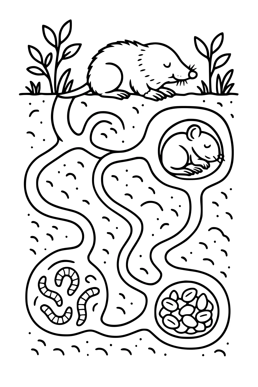 Mole sleeping above ground with tunnels below, leading to worms, a pile of seeds, and a nest underground.