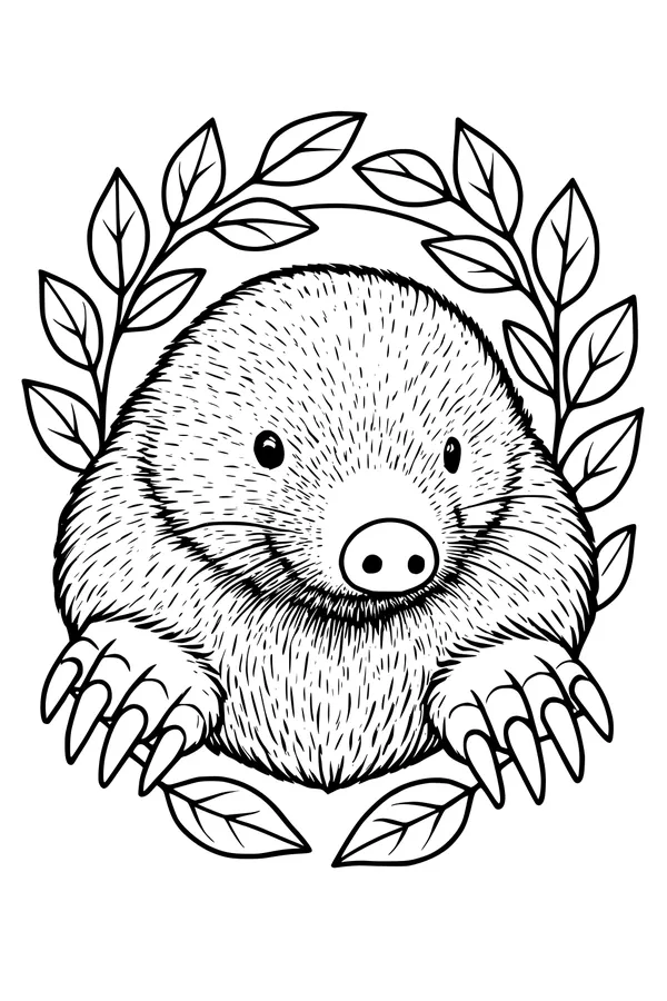 Free Mole Coloring Page - Cute Mole in Leafy Forest Wreath (Printable PDF)