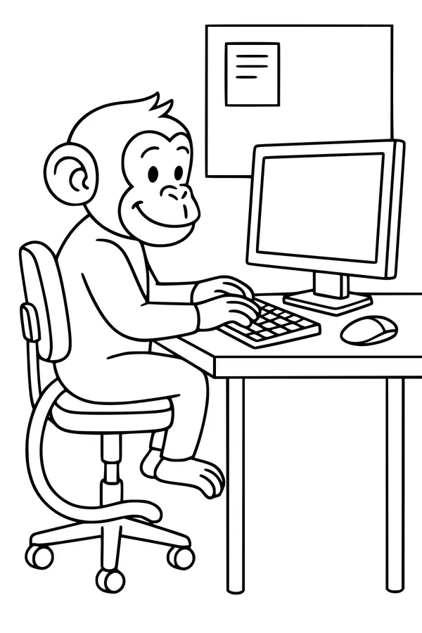 Free Monkey Coloring Page - Silly Office Computer Scene (Printable PDF)