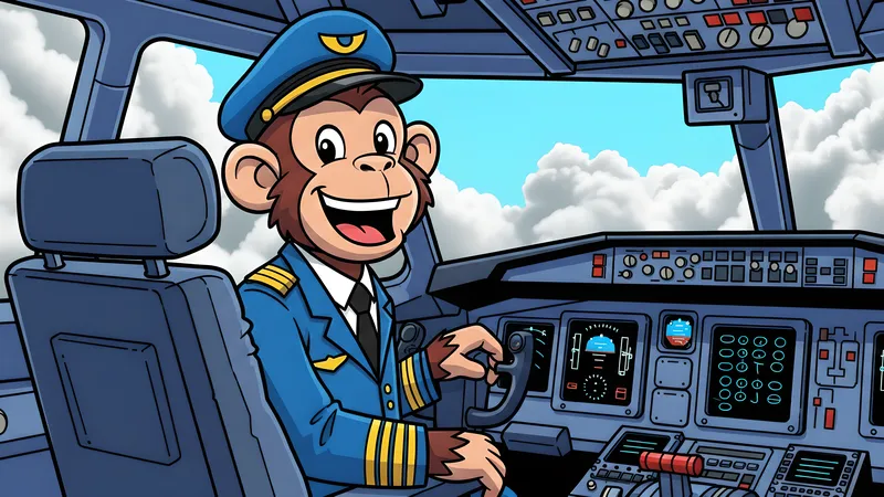A cheerful cartoon monkey dressed as a pilot, flying an airplane high in the sky.