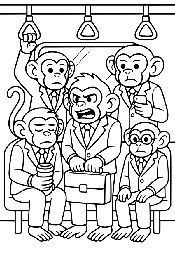 Free Monkey Coloring Page - Business Commute on the Subway (Printable PDF)