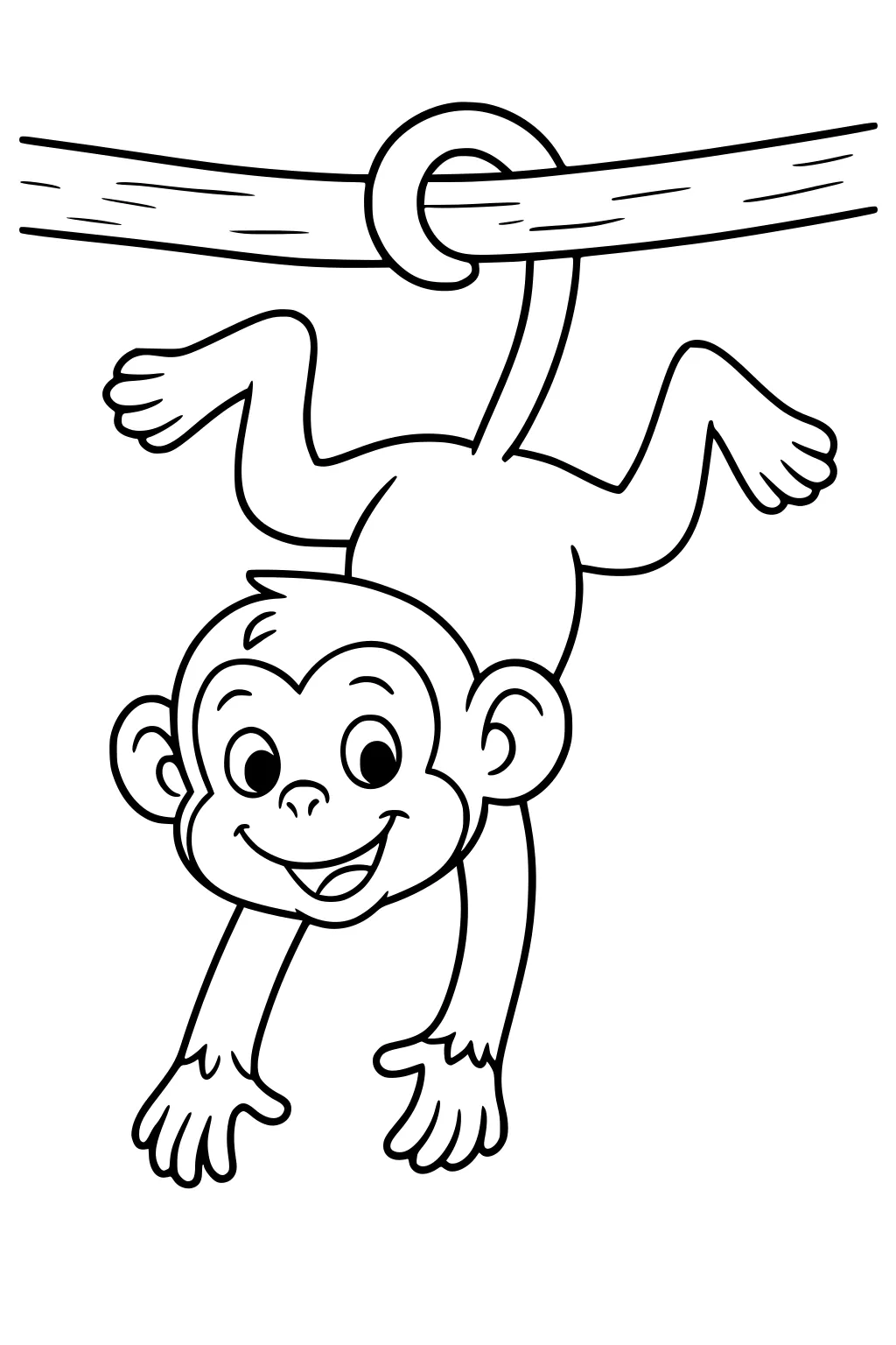 Monkey hanging upside down by its tail from a branch, smiling with wide eyes and outstretched arms.