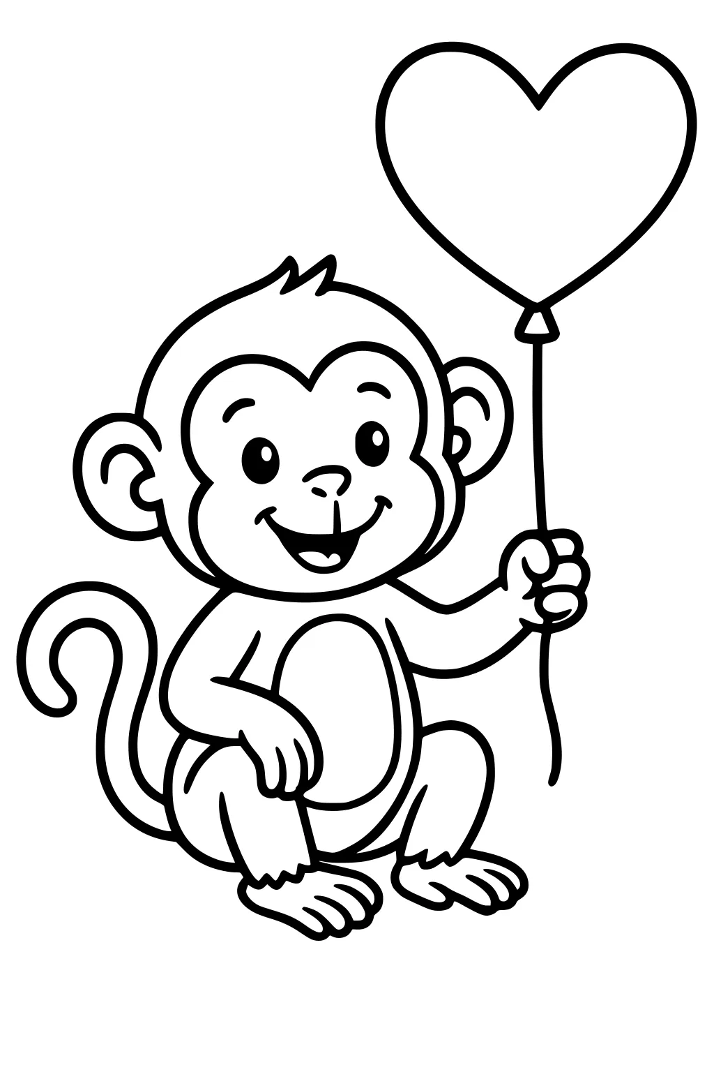 Cartoon monkey sitting and smiling while holding a heart-shaped balloon.