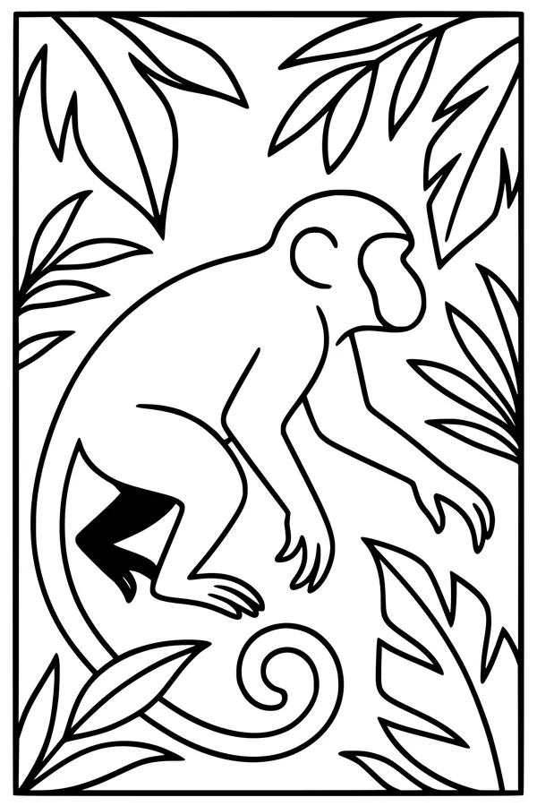 Free Monkey Coloring Page - Jungle Monkey in Wiggly Leaves (Printable PDF)