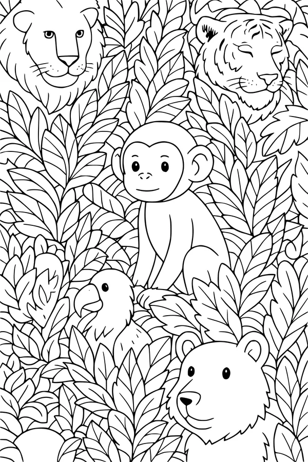 Free Monkey Coloring Page - Jungle Friends Peek Through Leaves (Printable PDF)